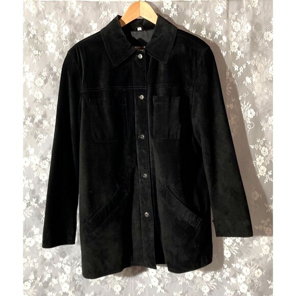 Vintage 90s Black Suede Jacket 1990s Marshall Fields Ladies Size Large M/L - Picture 1 of 6